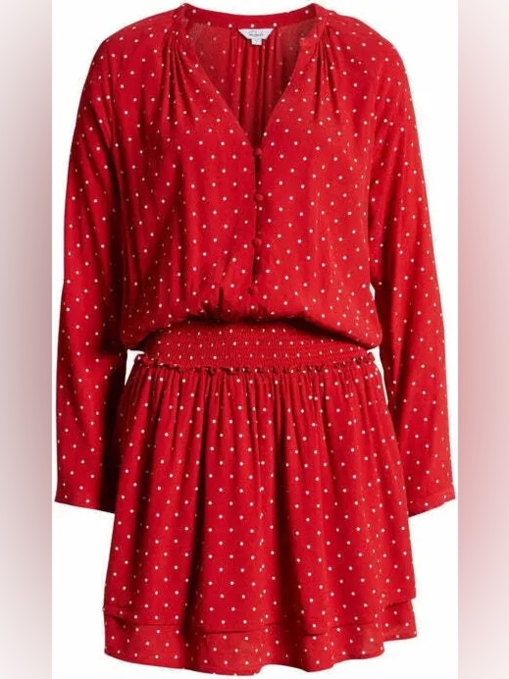 Rails Jasmine Scarlett White Mini Dots long sleeve V-neck Smocked Waist Dress S